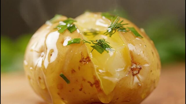 Closeup of a baked potato with butter dill and chives topped with a clear liquid being poured on it