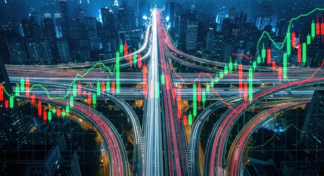 Dynamic city highway interchange with traffic light trails and financial stock market charts. Global business, technology, and economic growth concept. - Powered by Adobe