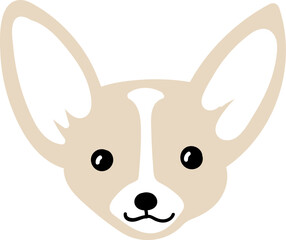 A cartoon fawncolored dogs face with large ears and black eyes