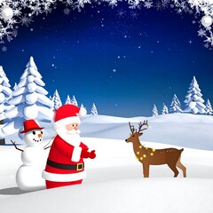Festive Christmas scene with Santa, snowman, and reindeer