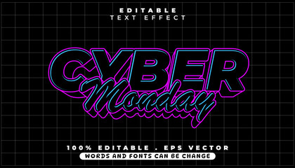 Cyber Monday editable text effect featuring a retro 80s futuristic neon style on a dark grid background. Vector graphic for online sales