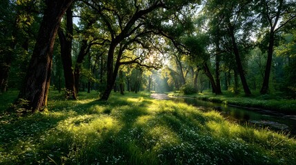 Ethereal photograph of a sun-drenched green forest in springtime, with golden sunlight streaming through the canopy and casting long shadows.