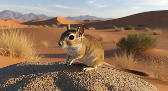 Jird Rodent: Small Desert Mammal Perched on a Rock in the Sahara Dunes