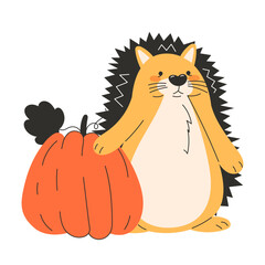 A cartoon hedgehog holds a pumpkin isolated on white