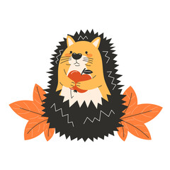 A cartoon hedgehog holds a red heart surrounded by autumn leaves