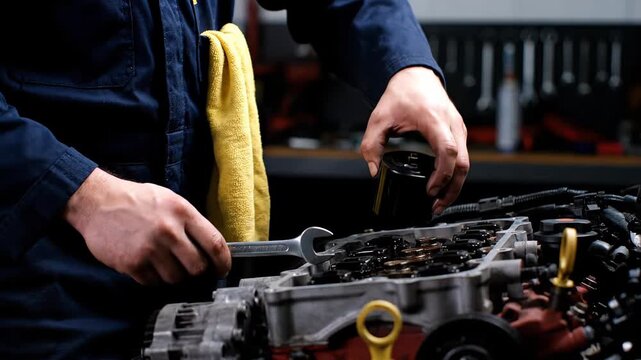 Close up view of a professional mechanic's hands repairing and maintaining a car engine block with a wrench in an auto repair shop