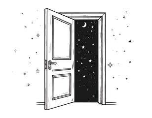 A stylized open door revealing a night sky