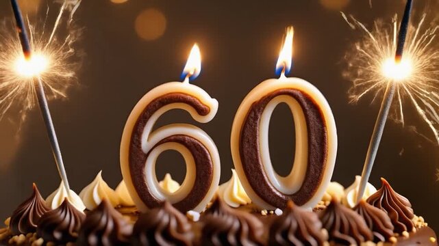A beautifully decorated birthday cake with "60" candles and sparklers, celebrating a milestone birthday with elegance and joy.