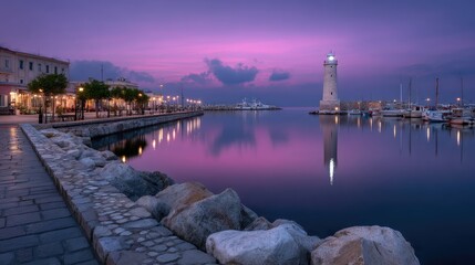 Coastal Twilight Reflection with Lighthouse Purple Sky and City Lights Tranquil Water Rocky Shoreline and Illuminated Building Facades in Soft Evening Hues