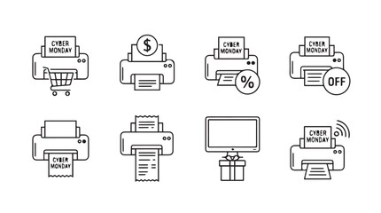 Set of printer icons showing printouts with offers discounts and gifts vector