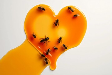 High-resolution image of a honey liquid heart with bees crawling on the surface, isolated on a white background.
