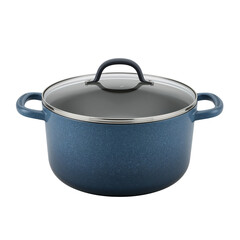 Elegant blue cookware pot, stylish kitchen equipment with a transparent lid, isolated