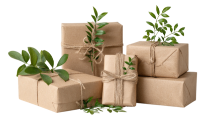 Wrapped gifts present boxes in brown paper with twine rustic decorative package festive surprise isolated on white background
