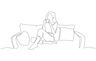 Continuous one line drawing of woman drinking coffee and relaxing on sofa, single line art.