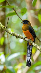 A vibrant bird perched on a branch in a lush forest