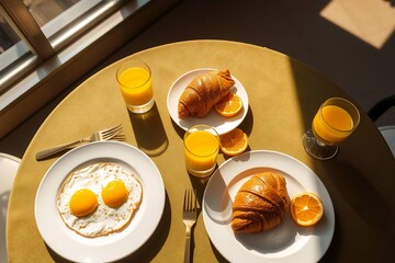 Modern breakfast setting with golden cutlery, white plates, and olive tablecloth under soft natural lighting.
