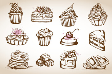 A collection of handdrawn desserts with a sketchy sepiatoned aesthetic