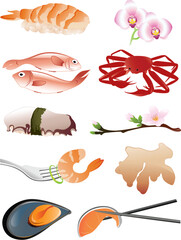 A collection of Japanese food and decorative elements