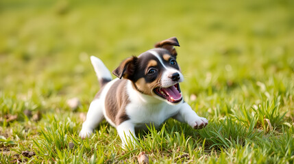 A small Jack Russell pup delighting in grassy playtime and newfound liberty.