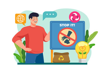 Illustration of Man Promoting Stop Littering Message with Red Shirt Blue Sign Yellow Lightbulb and Globe Icon for Environmental Awareness Campaign