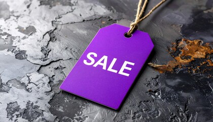 Purple sale tag on dark textured surface