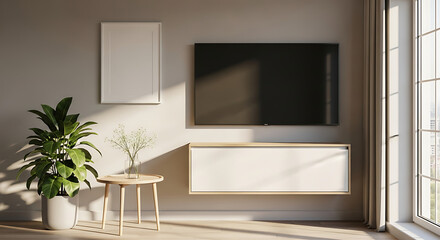 Fototapeta premium Modern living room interior design with large tv and natural light decor