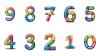 Colorful Crayon Numbers 0-9 with Rainbow Stripes and Sketchy Outline Keywords: numbers, digits, zero, one, two, three, four, five, six, seven