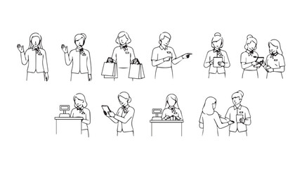 Sketchy hand drawn figures depicting various actions and professions in simple line art vector