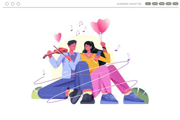 A couple enjoys music outdoors with the man playing the violin and the woman listening on her phone