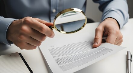 person examining document with magnifying glass