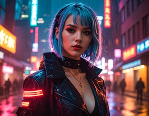 Cyberpunk woman in a city at night