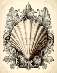 Ornate seashell framed by decorative flourishes