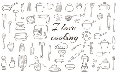 A doodlestyle illustration of various kitchen utensils and cookingrelated items