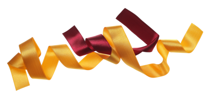 Yellow and red ribbon flying isolated on white background, clipping path	