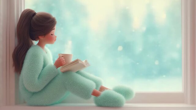 Cartoon girl wearing soft fuzzy pajamas sitting by the window with a book and cup, enjoying a quiet winter day.