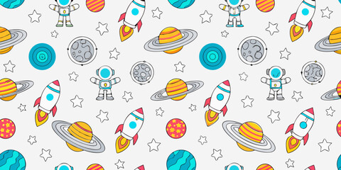 Cute cartoon seamless pattern of astronauts rockets planets and stars in outer space for kids