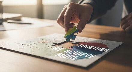 Teamwork and collaboration message shown through hands assembling colorful puzzle pieces with inspirational business quote