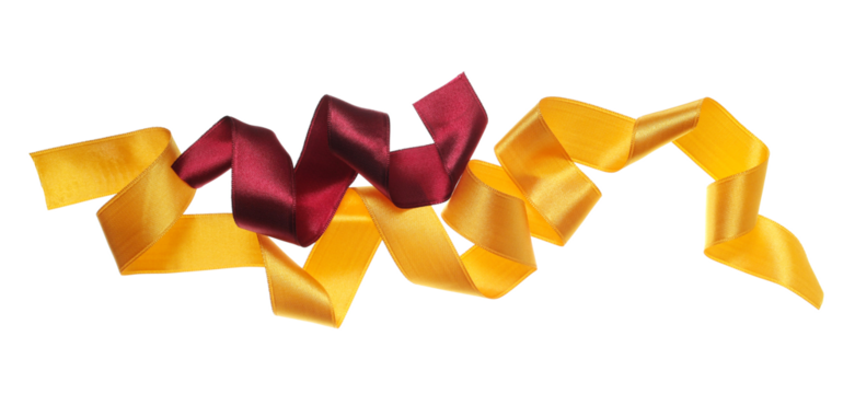 Yellow and red ribbon flying isolated on white background, clipping path	 - Powered by Adobe