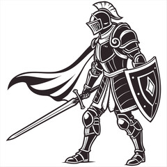 Black and White Suit of Armor Knight Clipart Vector - Detailed Medieval Warrior Illustration with Sword, Ideal for History, Fantasy, and Heraldry Designs on a white background