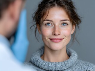 A beautiful young woman with blue eyes smiles at her doctor du a medical consultation today for wellness.