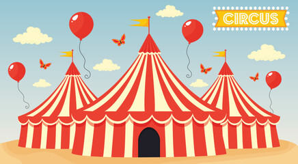 Circus Festival Tent with Flags and Balloons Vector. © Marina