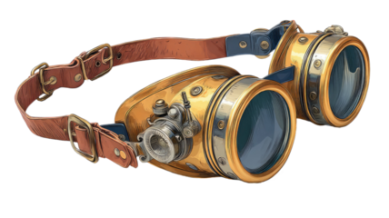 Vintage steampunk goggles set with brass frame retro eyewear industrial fashion accessory costume isolated on white background
