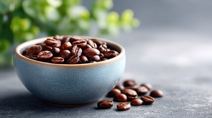 Coffee Beans in Blue Ceramic Bowl on Gray Surface with Blurred Green Foliage Background Still Life