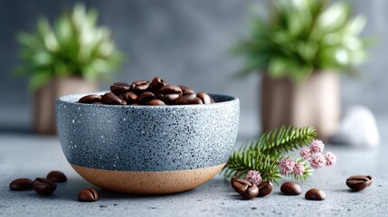 Coffee Beans in Decorative Bowl with Floral Accent and Greenery Against a Gray Backdrop
