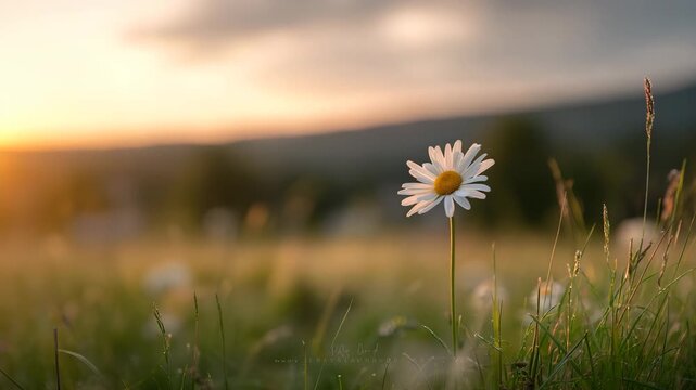 breathtaking sunrise over tranquil field with solitary sunlit daisy standing tall