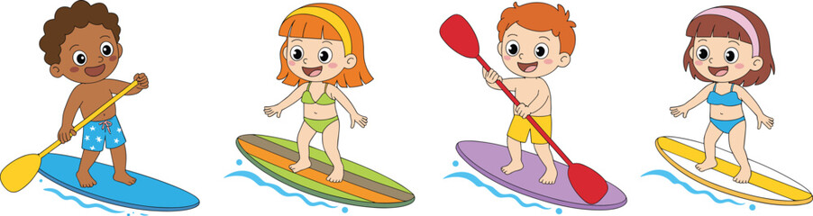 Children, paddleboarding, cartoon, water, sport, summer, fun, outdoor, activity, diversity, colorful, illustration, swimwear, recreation, happy, playful, motion, adventure, beach, vibrant