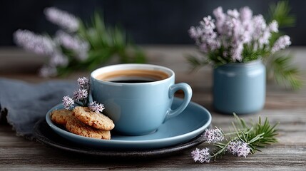 Coffee Cup with Cookies on a Wooden Table Featuring Soft Natural Lighting and Blurred Floral Accents Creates a Cozy and Relaxing Atmosphere