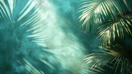 Summer Background with Palm Tree Shadows on Green Backdrop, Relaxing Tropical Vibes.