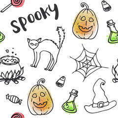 A Halloweenthemed drawing with pumpkins a cat cauldron and candy