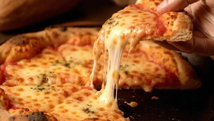 Mouthwatering slice of cheesy pizza being pulled away creates desire for delicious Italian cuisine, perfect for food blogs and restaurant promotions